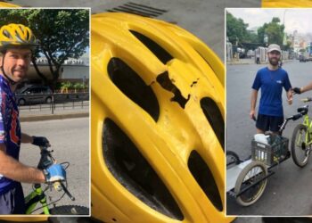 En esta composición se puede observar la fractura del casco y su bici no convencional