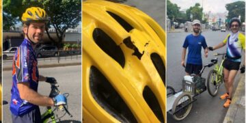 En esta composición se puede observar la fractura del casco y su bici no convencional